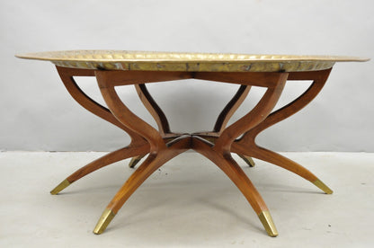 Vintage Moroccan 40" Round Brass Tray Top Teak Folding Spider Leg Coffee Table
