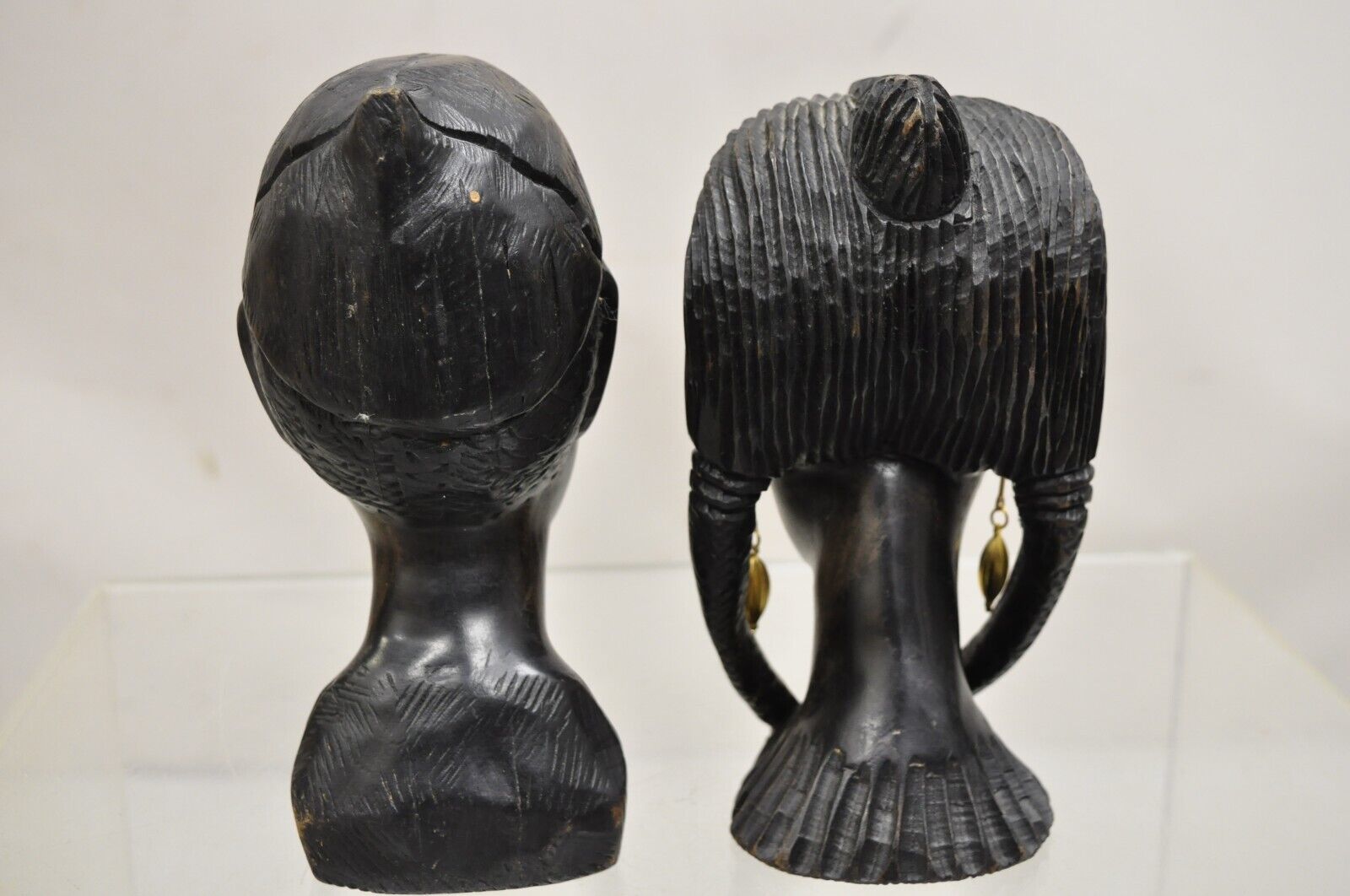 Vintage African Carved Ebony Wood 7" Male and Female Bust Statue Sculpture