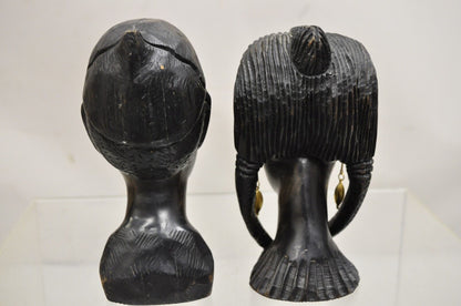 Vintage African Carved Ebony Wood 7" Male and Female Bust Statue Sculpture