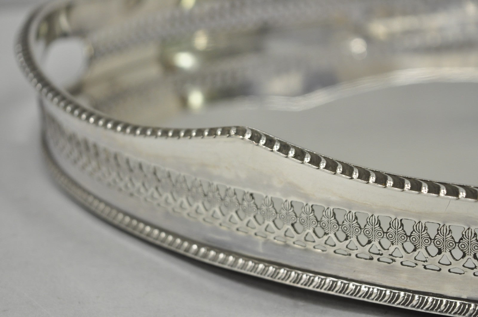 Antique English Edwardian Silver Plated Oval Bar Serving Tray w/ Raised Gallery
