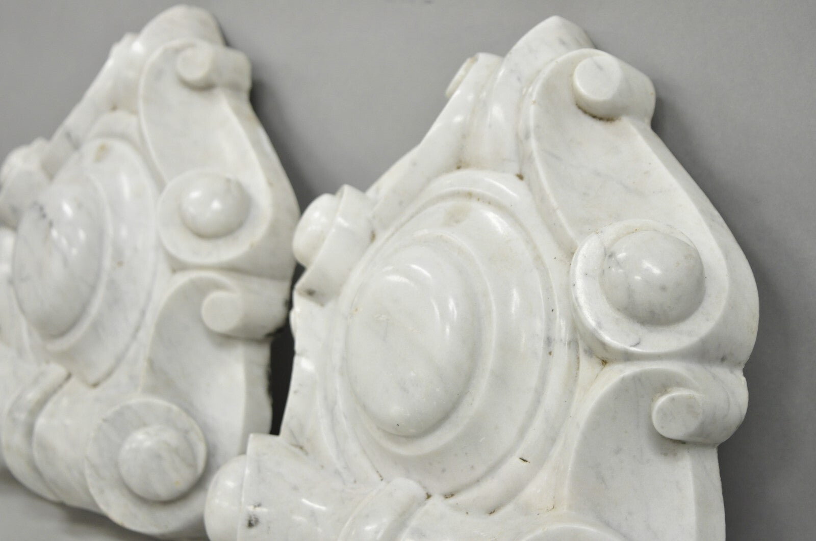 Antique Neoclassical Carved Marble Mantel Keystone Architectural Element - Pair