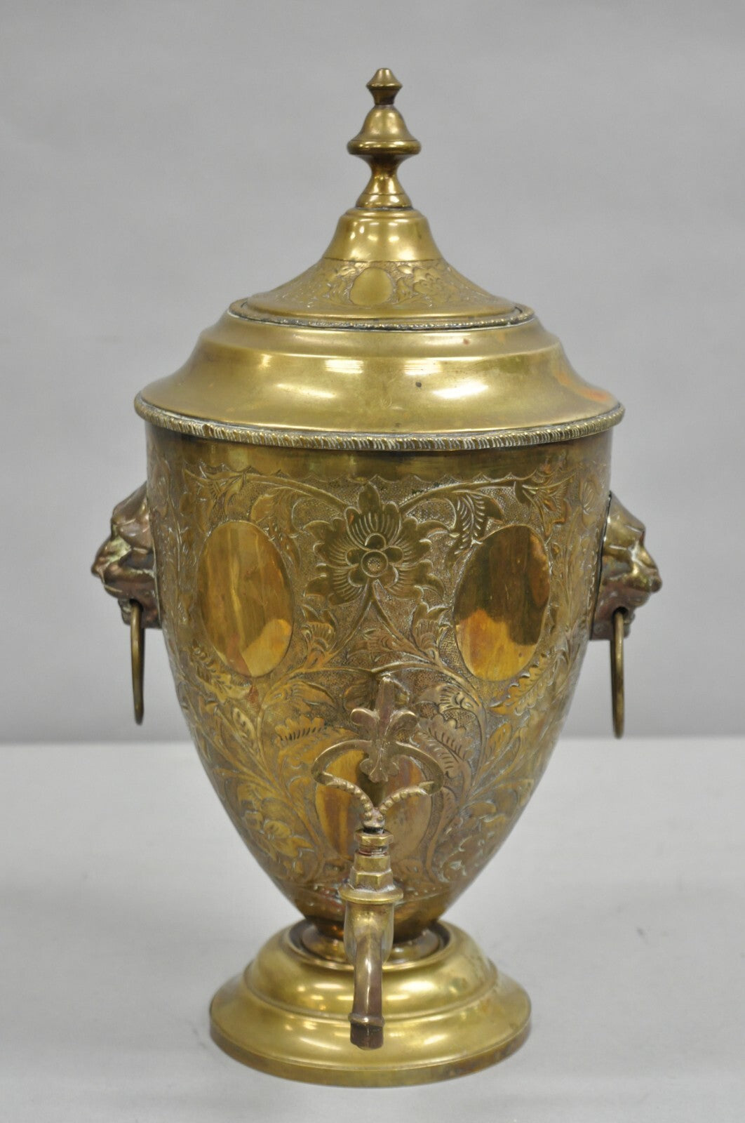 Antique Italian Renaissance Brass Floral Repousse Lions Samovar Drink Dispenser