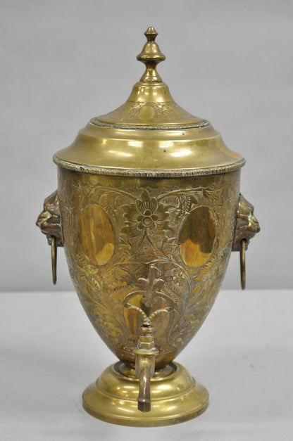 Antique Italian Renaissance Brass Floral Repousse Lions Samovar Drink Dispenser