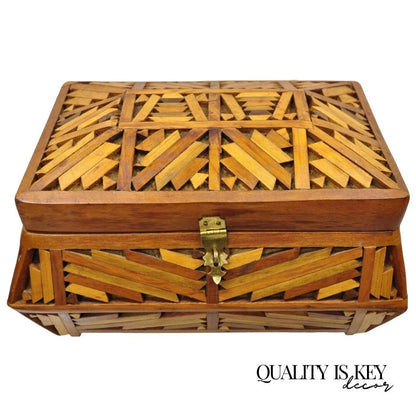 Vintage Arts & Crafts Tramp Art Folk Art Wood Inlay Jewelry Trinket Desk Box