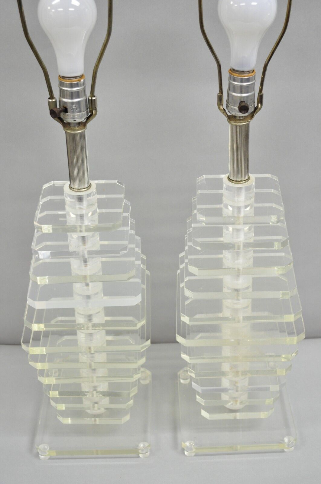 Vintage Mid Century Modern Stacked Lucite Skyscraper Table Lamps - a Pair