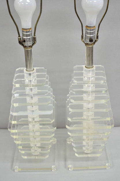 Vintage Mid Century Modern Stacked Lucite Skyscraper Table Lamps - a Pair