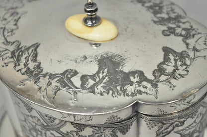 Antique Victorian Silver Plated Etched Footed Hinged Biscuit Barrel Jar on Stand