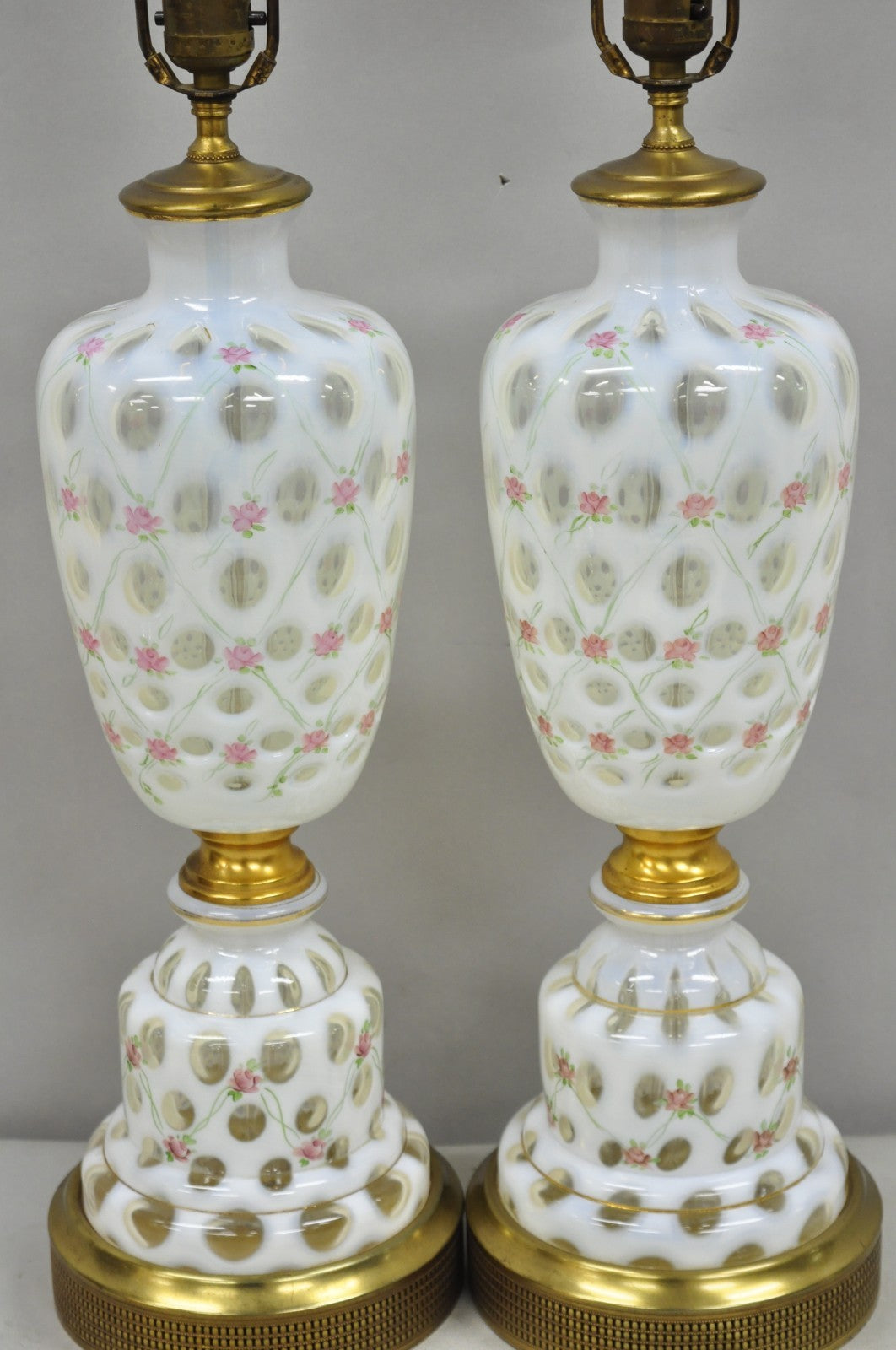 Antique Victorian White Czech Bohemian Rose Pink Painted Table Lamps - a Pair