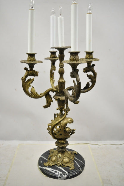 Vintage French Rococo Style Figural Cherub Brass & Marble Candelabra Table Lamp