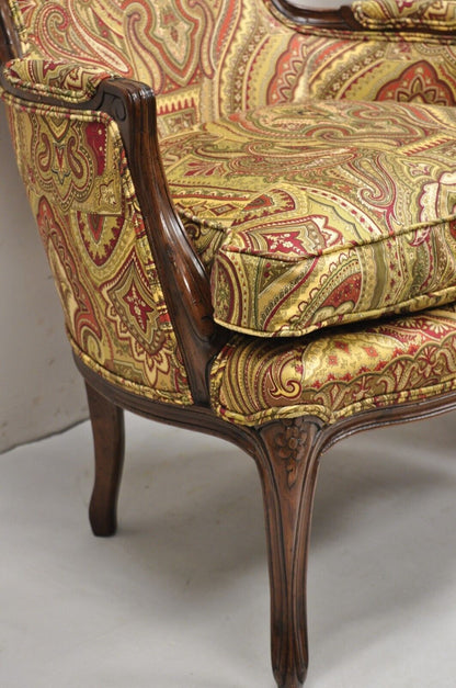Vintage French Country Carved Walnut Burgundy Bergere Lounge Arm Chairs -a Pair