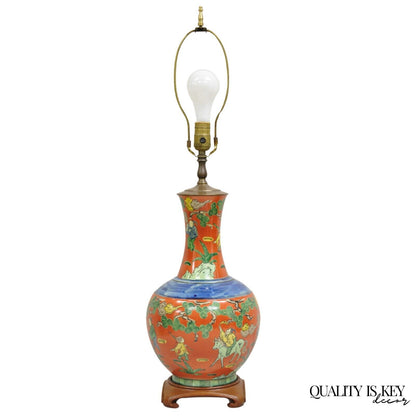 Vintage Chinoiserie Bulbous Porcelain Vase Oriental Figural Painted Table Lamp