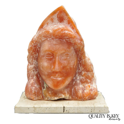 Orange Alabaster "Native American Woman" Bust Sculpture on Travertine Base