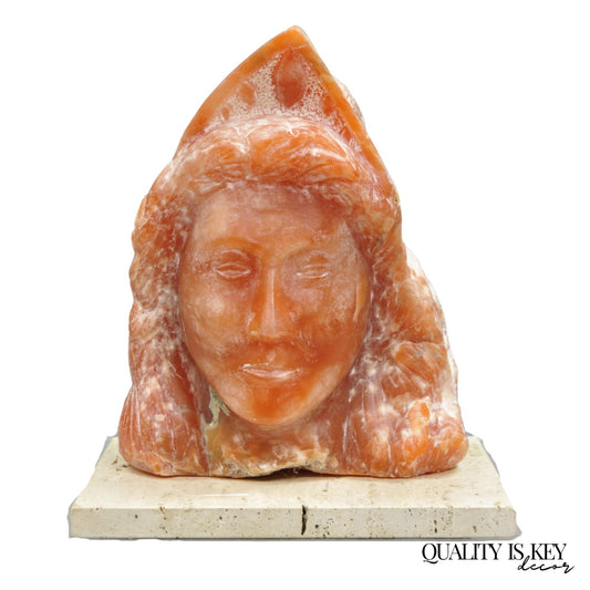 Orange Alabaster "Native American Woman" Bust Sculpture on Travertine Base