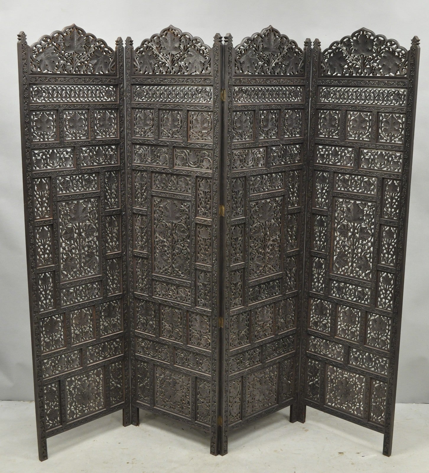 Vintage Anglo Indian Carved Teak Wood 4 Panel Room Divider Folding Screen