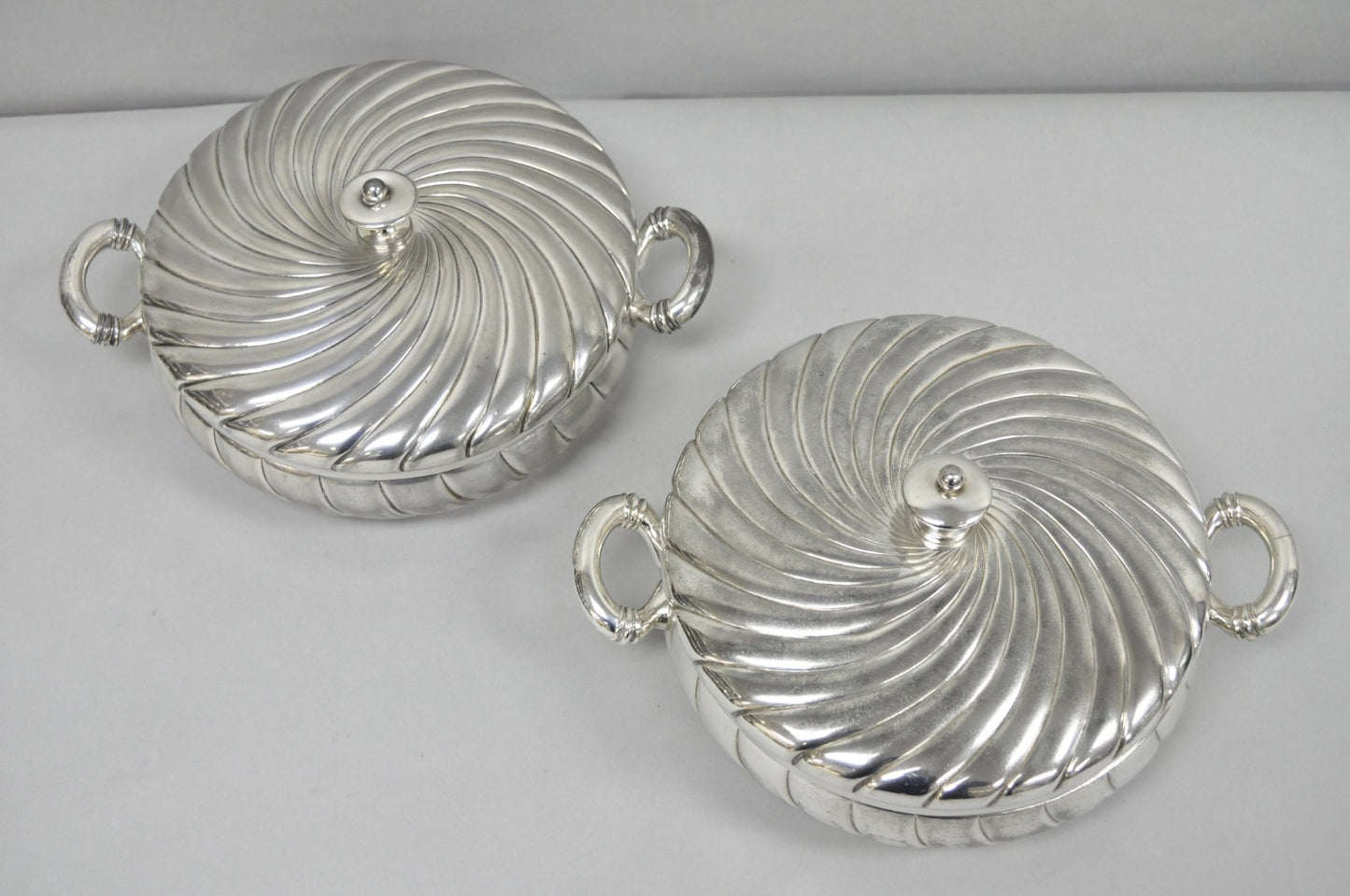 Antique Meriden B Co Spiral Swirl Silver Plated Covered Serving Dish Tureen Pair