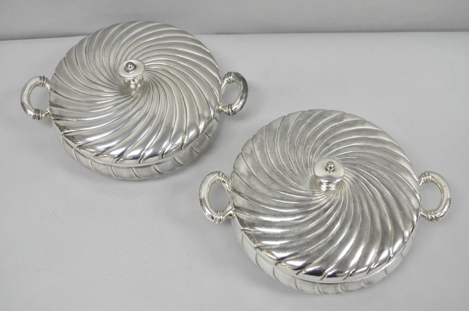 Antique Meriden B Co Spiral Swirl Silver Plated Covered Serving Dish Tureen Pair
