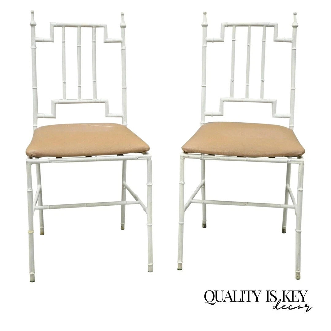 Vintage Italian Hollywood Regency White Faux Bamboo Metal Accent Side Chair Pair