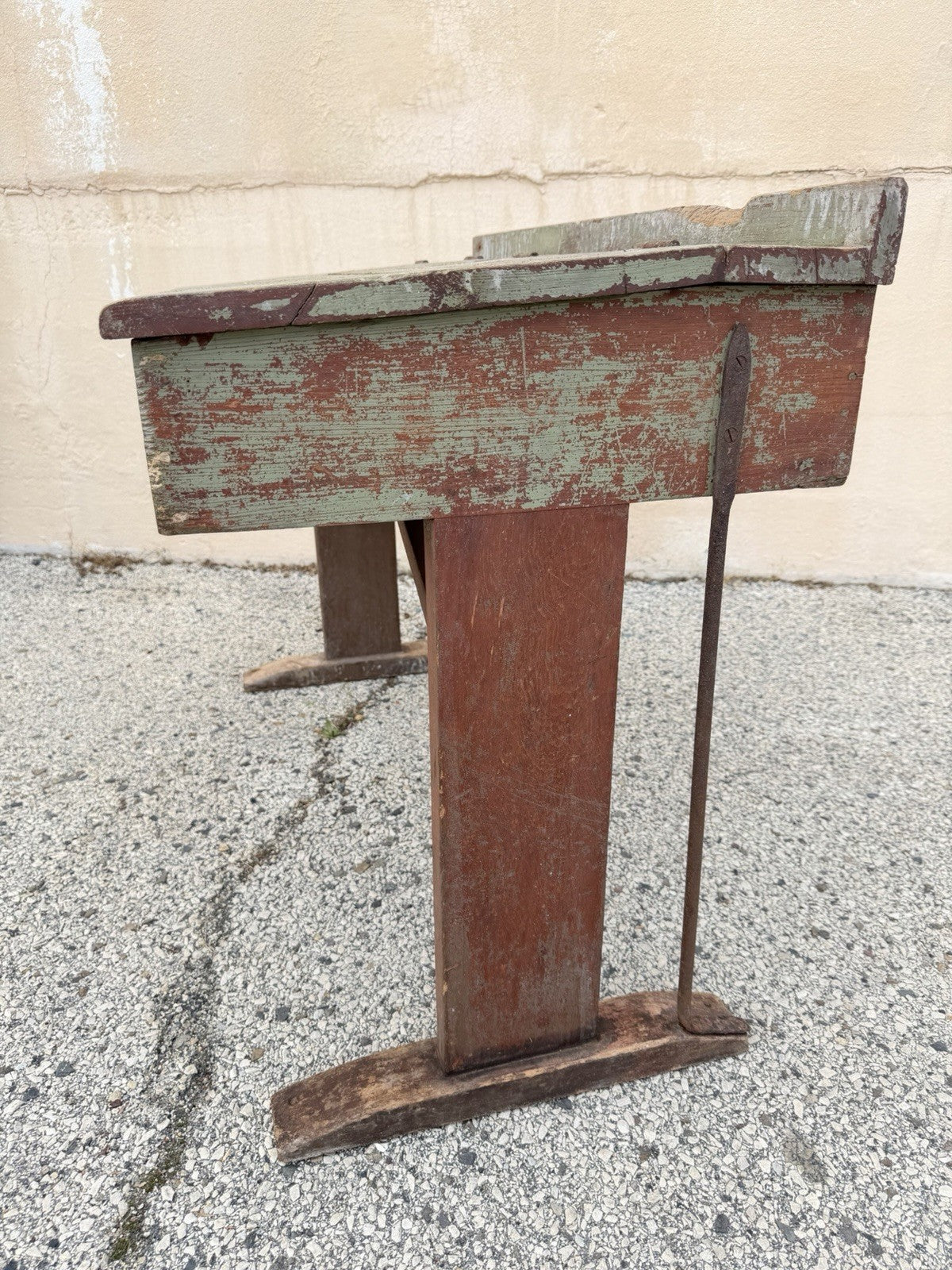 Antique French Primitive Rustic Green Distress Painted Flip Top Wood School Desk