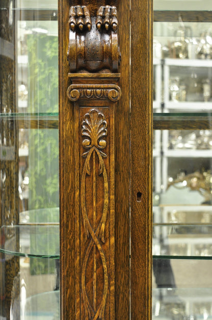 Antique American Empire Tiger Oak Curved Glass China Cabinet w/ Carved Griffins