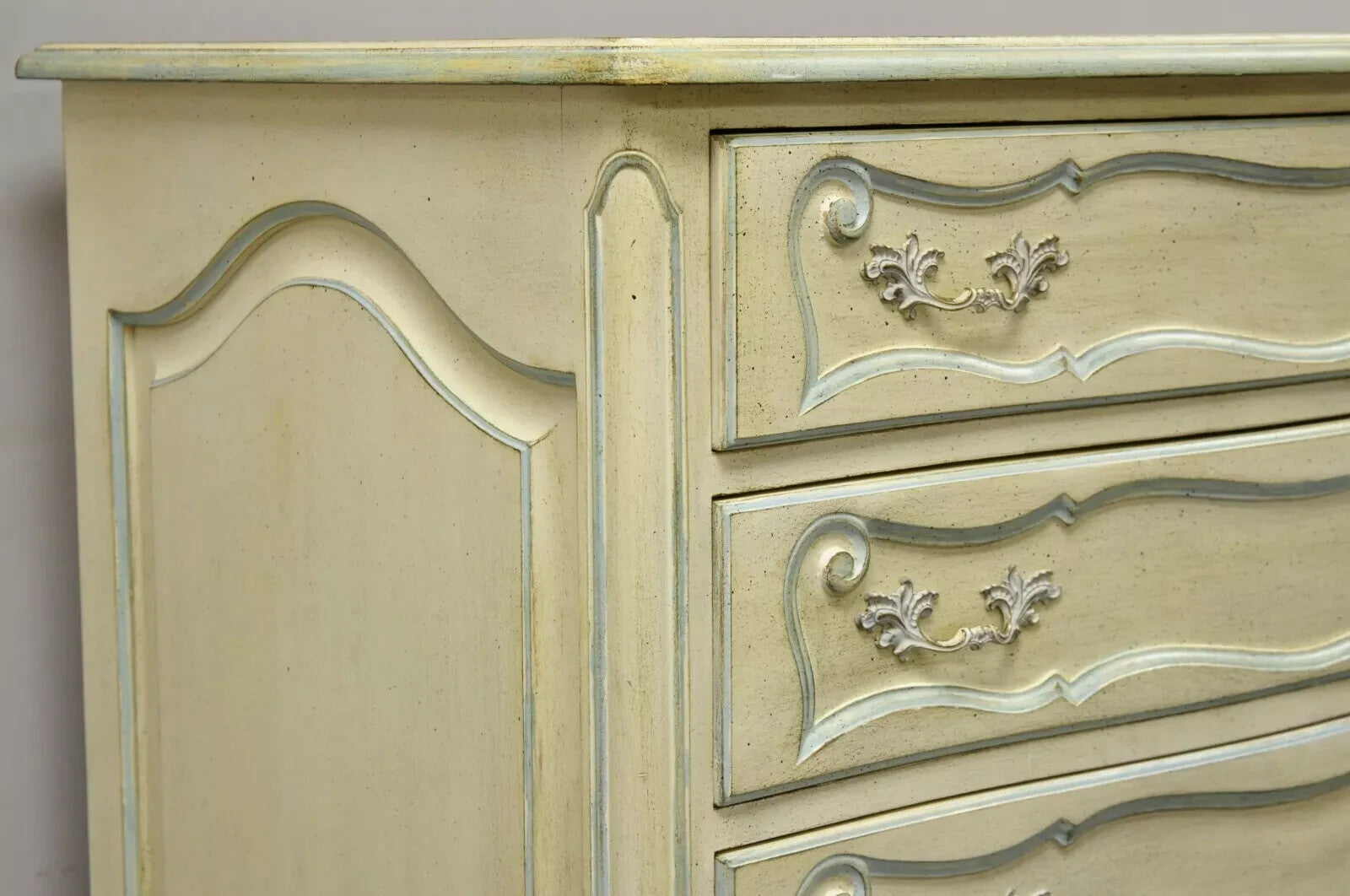 Vintage French Provincial Cream & Blue 9 Drawer Narrow 65" Tall Chest Dresser