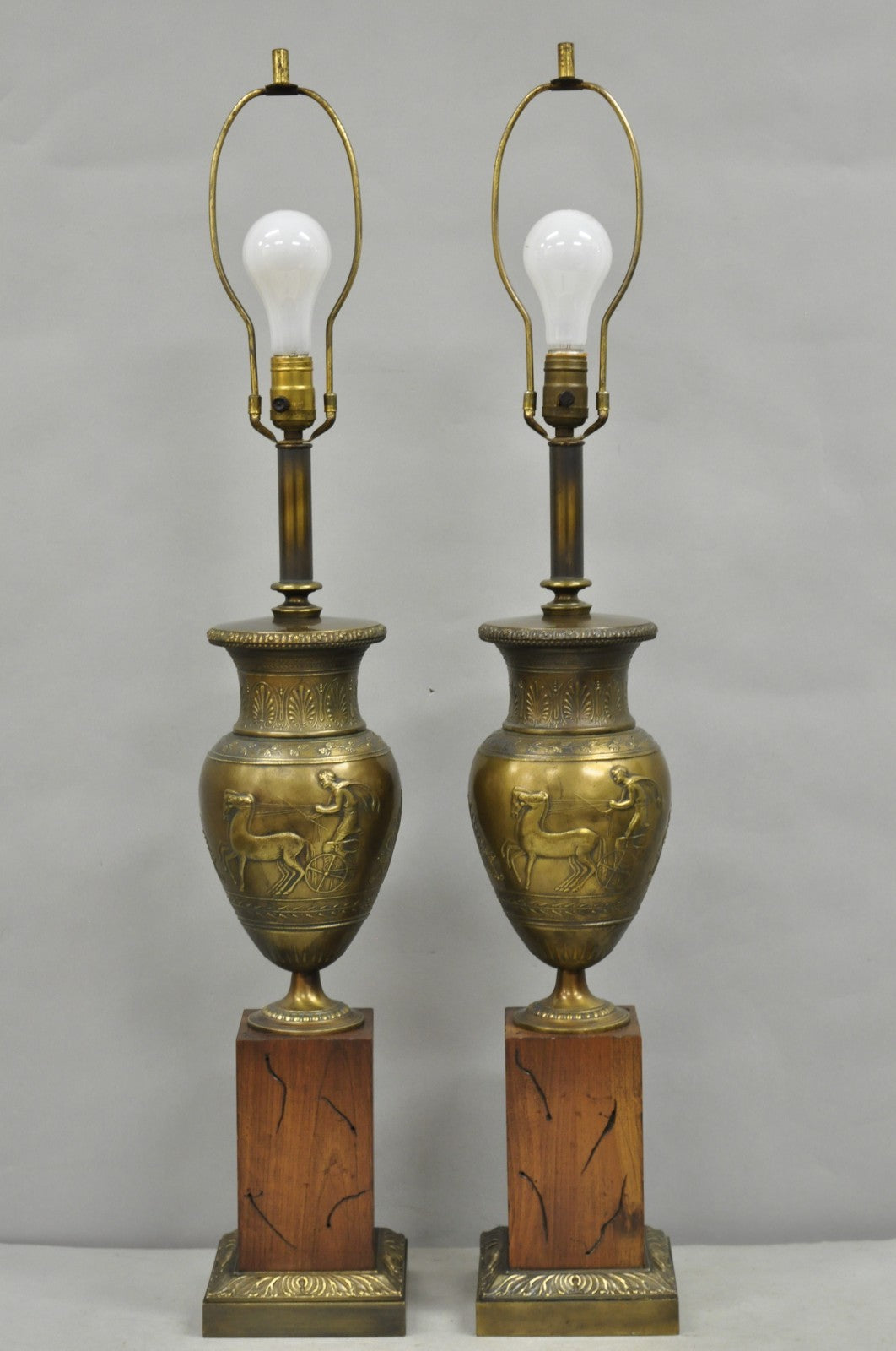 Vintage French Neoclassical Horse & Chariot Bronze Finish Urn Table Lamps a Pair