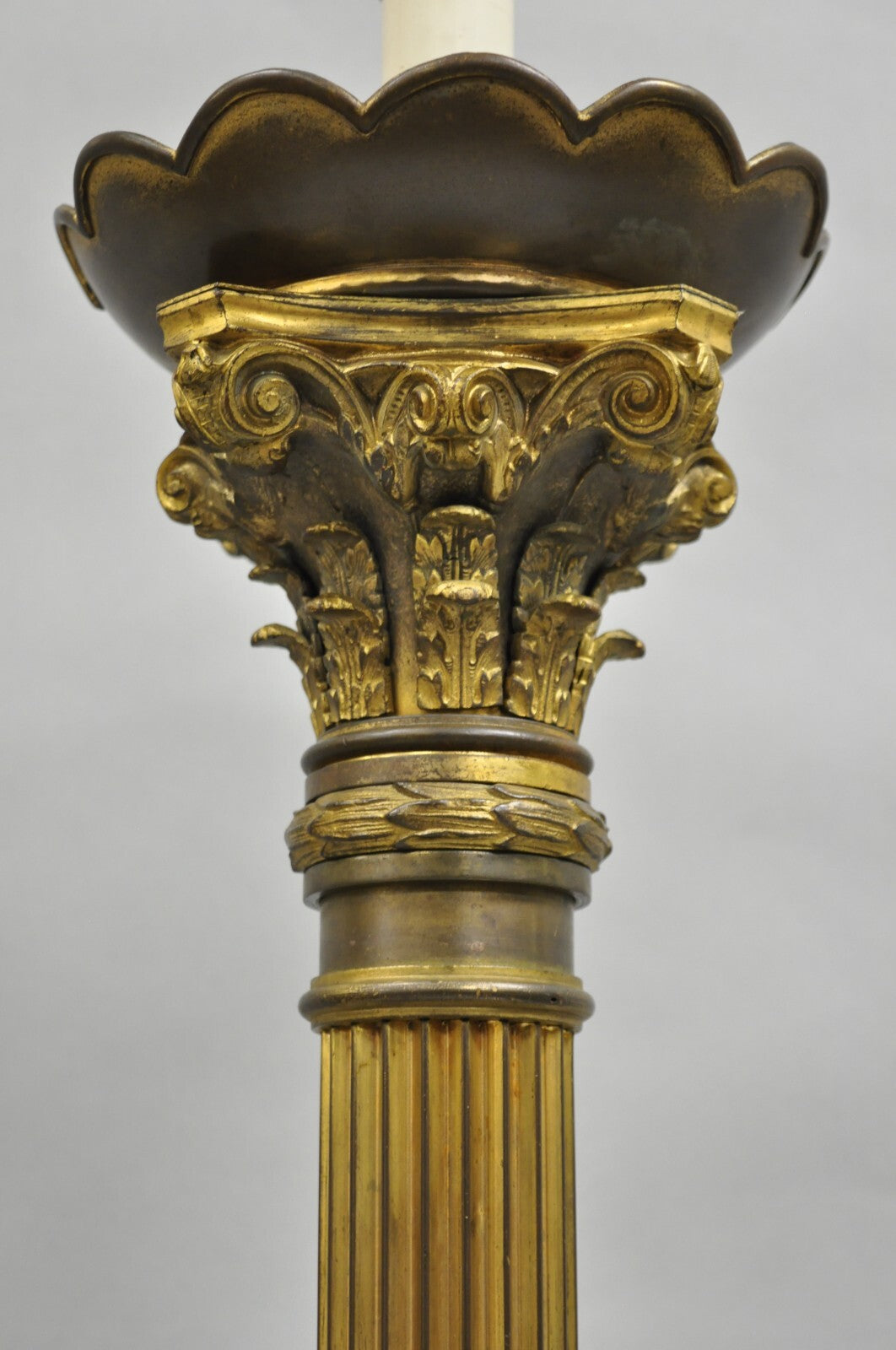 Antique French Empire Patinated Bronze Corinthian Column Candlestick Table Lamp