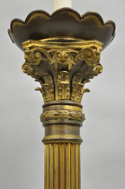 Antique French Empire Patinated Bronze Corinthian Column Candlestick Table Lamp