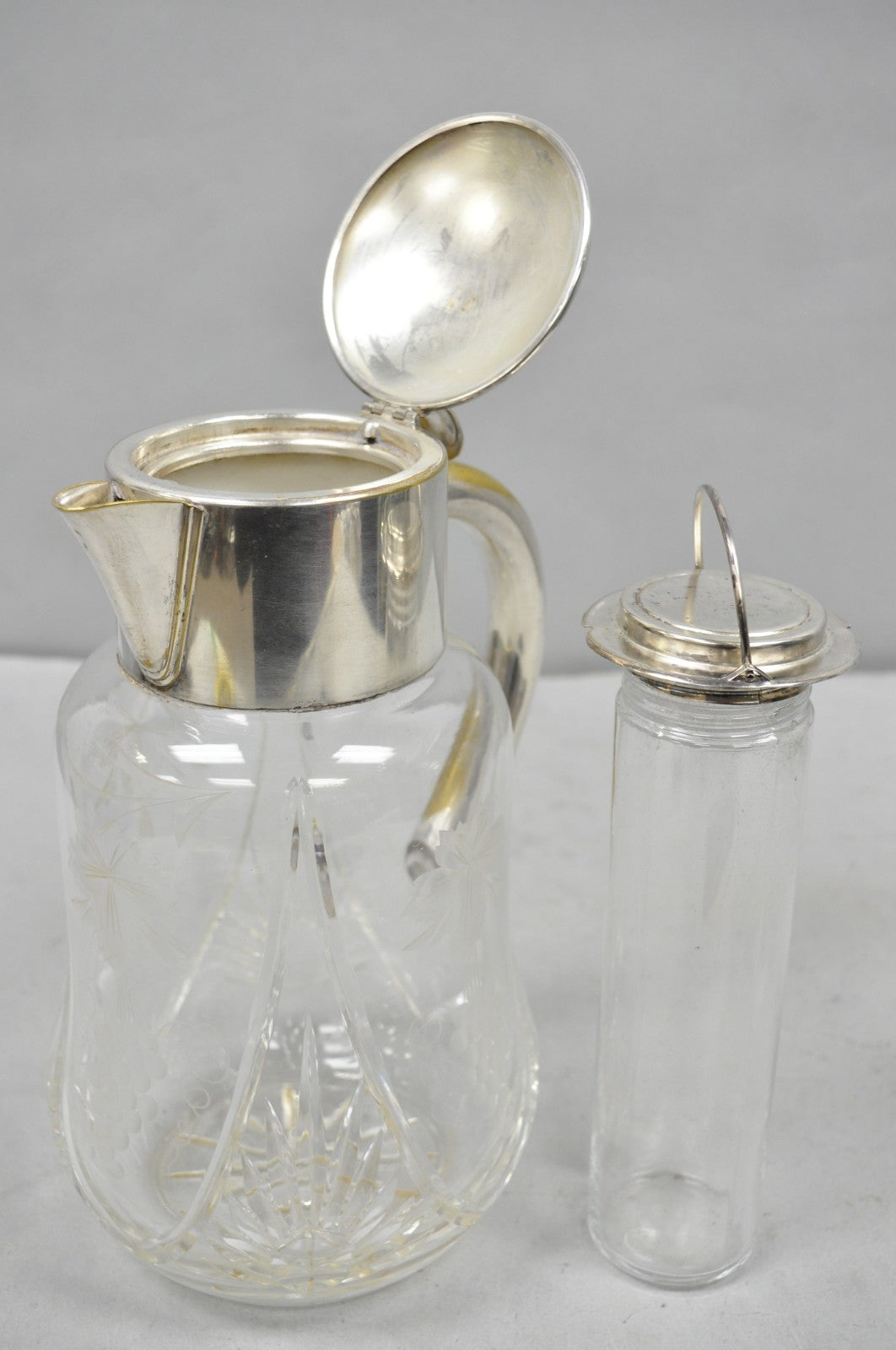 Antique Victorian German Silver Plated Cut Crystal Glass Lemonade Water Pitcher