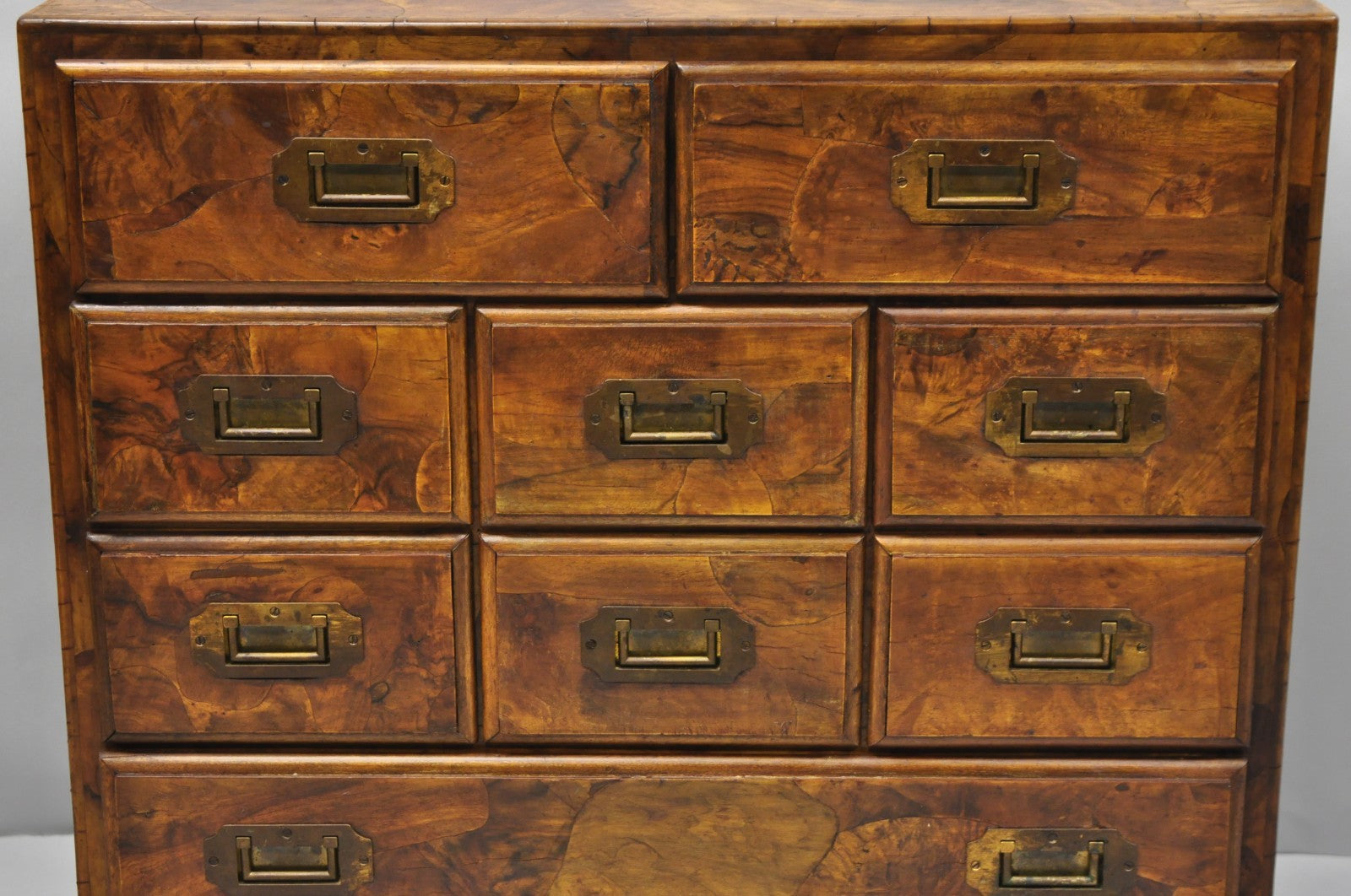 Vintage Italian Olive Wood Veneer Campaign Chest of Drawers Cabinet Side Table