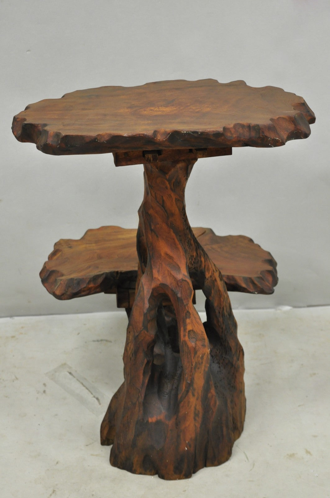 Vintage Mid Century Modern Live Edge 2 Tier Walnut Plant Stand Side Table