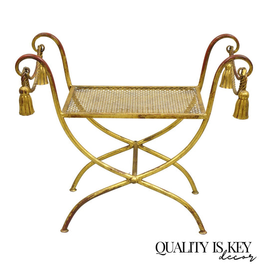 Vintage Italian Hollywood Regency Gold Gilt Iron Rope Tassel Curule Vanity Bench