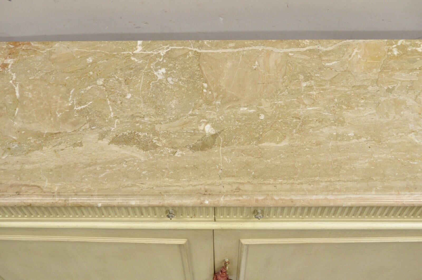 French Provincial Style Marble Top Cream Painted Sideboard Buffet Media Cabinet