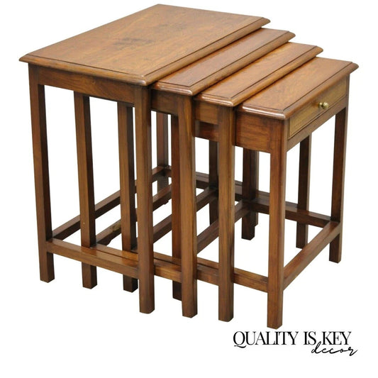 Antique Anglo Indian Brass Marquetry Inlay Nesting Side End Tables - Set of 4