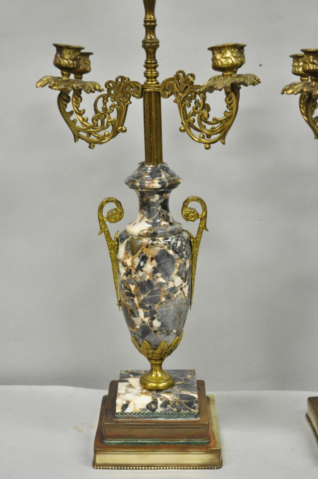 Antique French Empire Neoclassical Marble Urn Brass Candelabra Table Lamp Pair