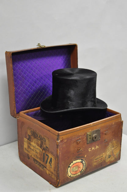 English Art Deco Brown Leather Travel Case Suitcase w/ Cunard Stickers & Top Hat