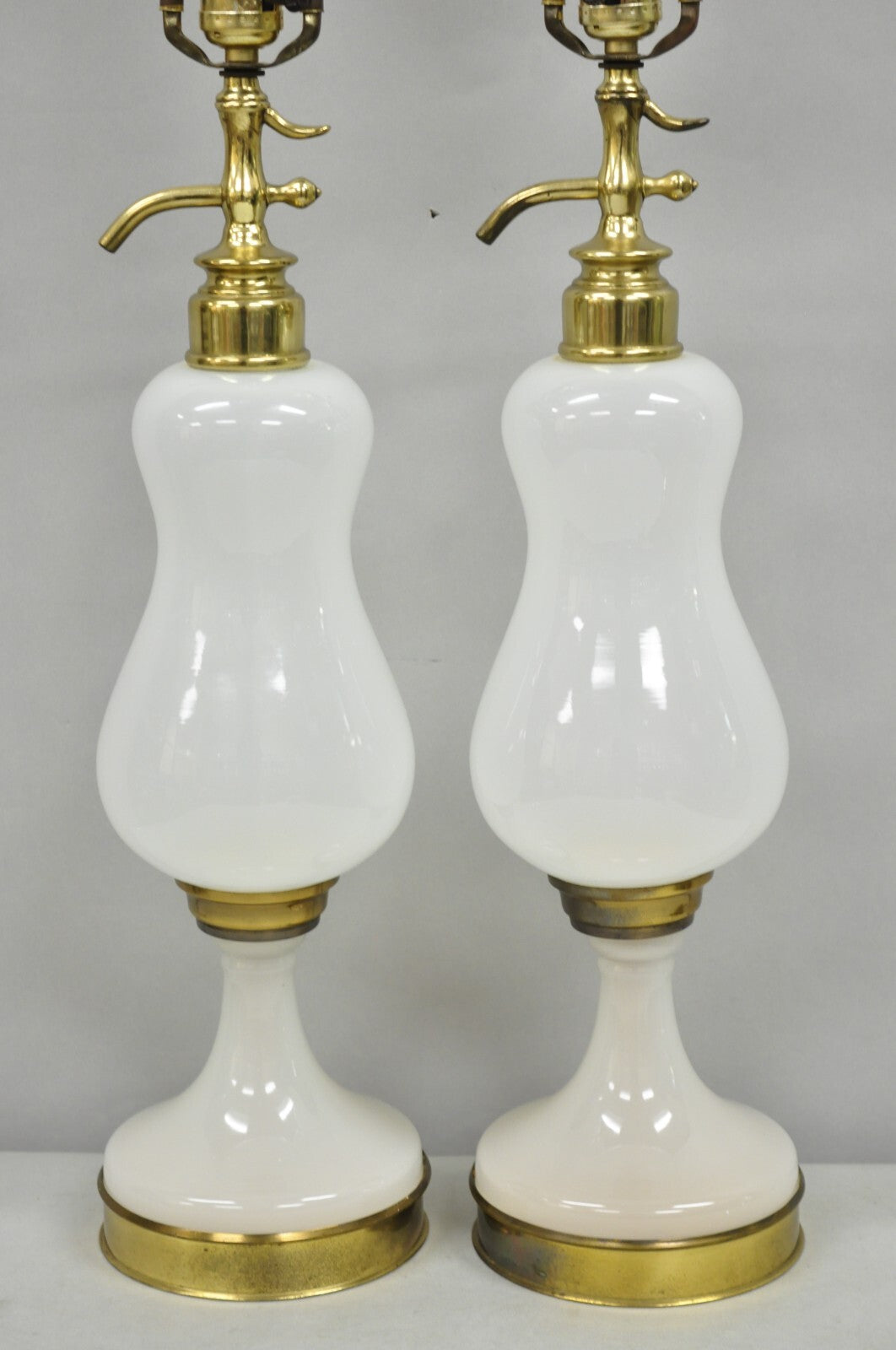 Mid Century Modern White Opaline Milk Glass Seltzer Bottle Table Lamps - a Pair