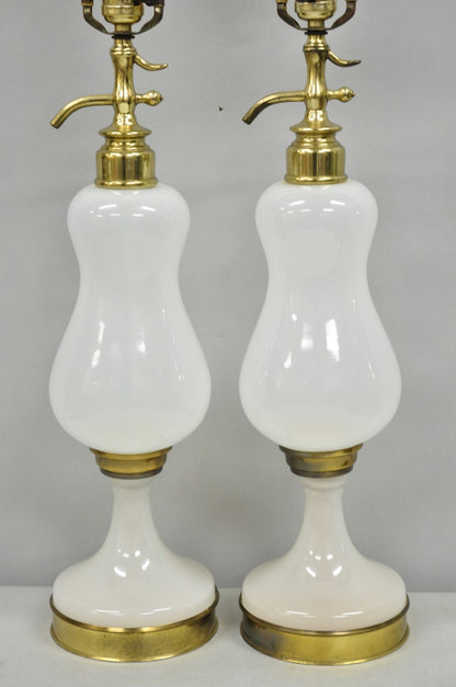 Mid Century Modern White Opaline Milk Glass Seltzer Bottle Table Lamps - a Pair