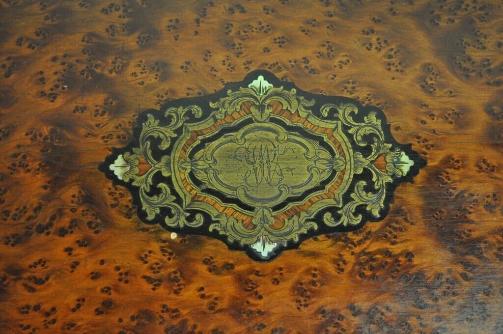 Antique French Brass Inlay Tantalus Box Cordial Decanter Set Liquor Cabinet