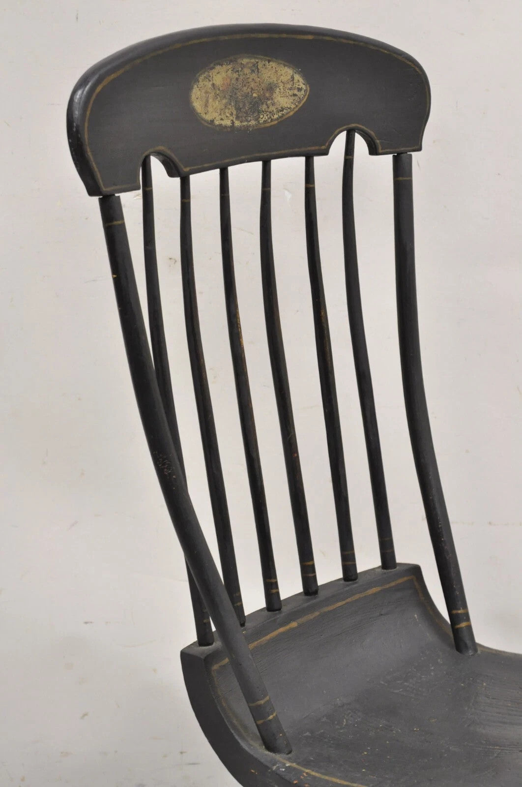 Antique Colonial Stencil Back Black Painted Plank Bottom Rocker Rocking Chair