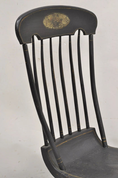 Antique Colonial Stencil Back Black Painted Plank Bottom Rocker Rocking Chair