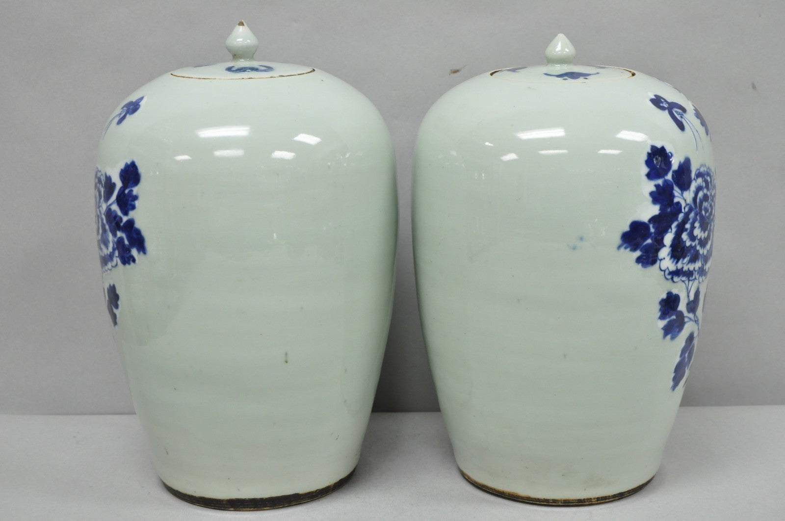 Antique Chinese Phoenix Bird Celadon Green Porcelain Covered Ginger Jar - Pair