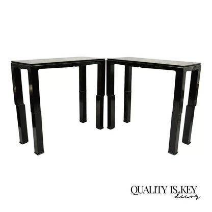 Chinese Ming James Mont Style Black Lacquer Sofa Hall Console Tables - Pair