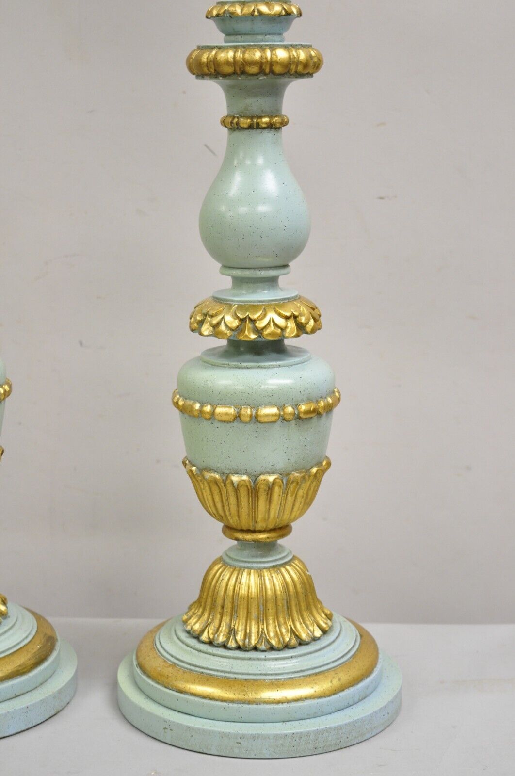 Italian Hollywood Regency Blue & Gold Carved Wood Candlestick Table Lamp - Pair