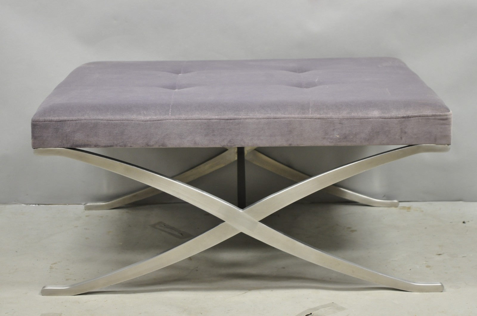 Contemporary Modern Brushed Chrome Frame X-Form Purple Tufted Bench Ottoman