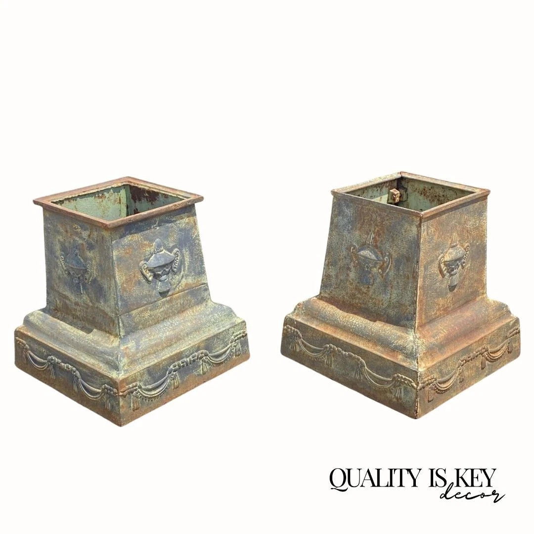 Vintage Neoclassical Style Green Cast Iron Garden Planter Urn Pedestal Base Pair