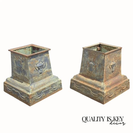 Vintage Neoclassical Style Green Cast Iron Garden Planter Urn Pedestal Base Pair