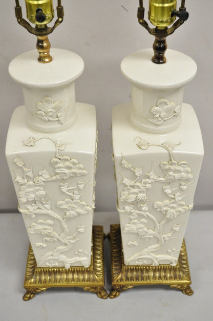 Vintage Chinoiserie Porcelain "Cherry Blossom" Blanc De Chine Table Lamps - Pair
