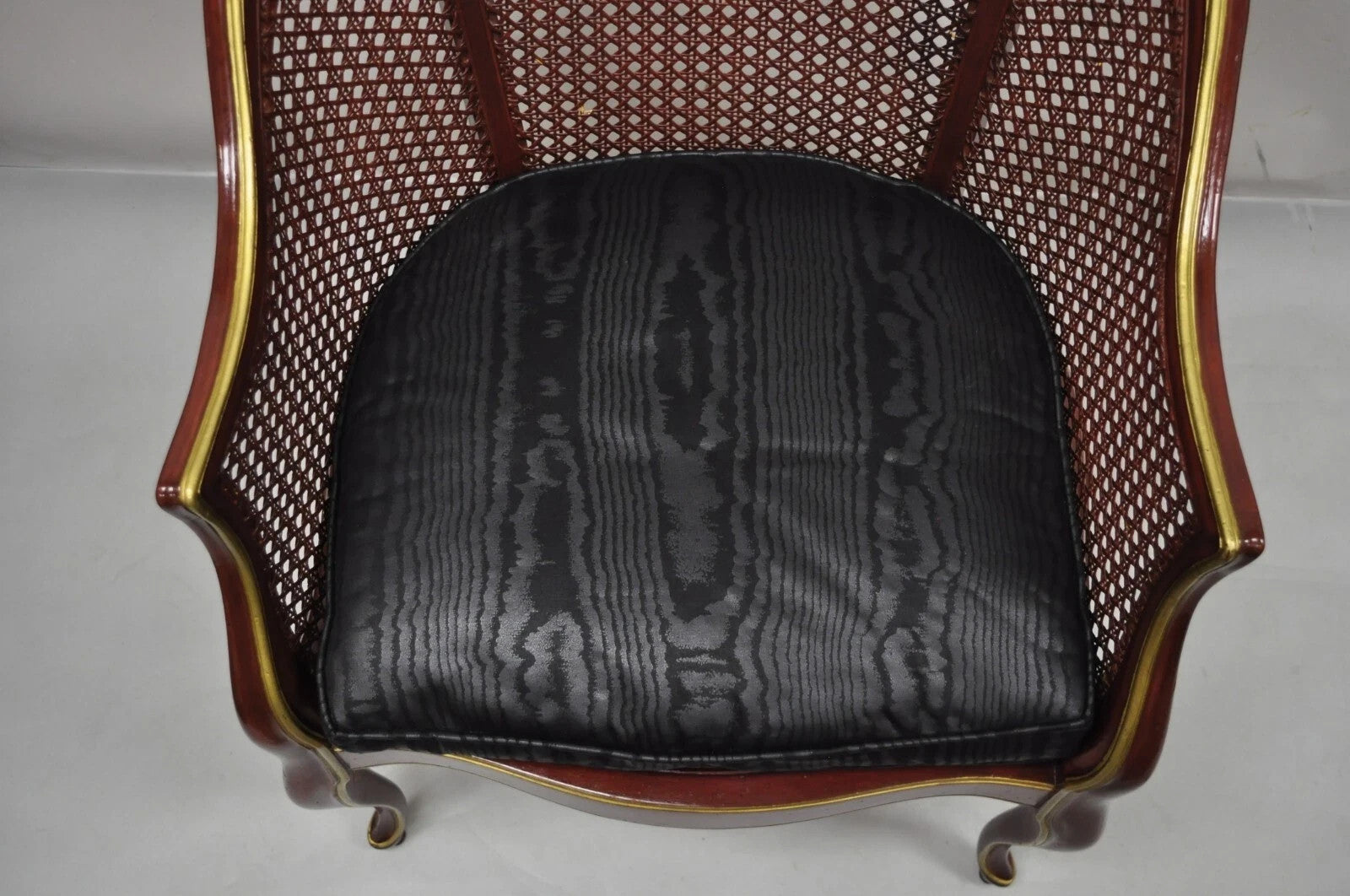 Vintage French Louis XV Style Red Lacquer & Gold Cane Bergere Lounge Club Chair