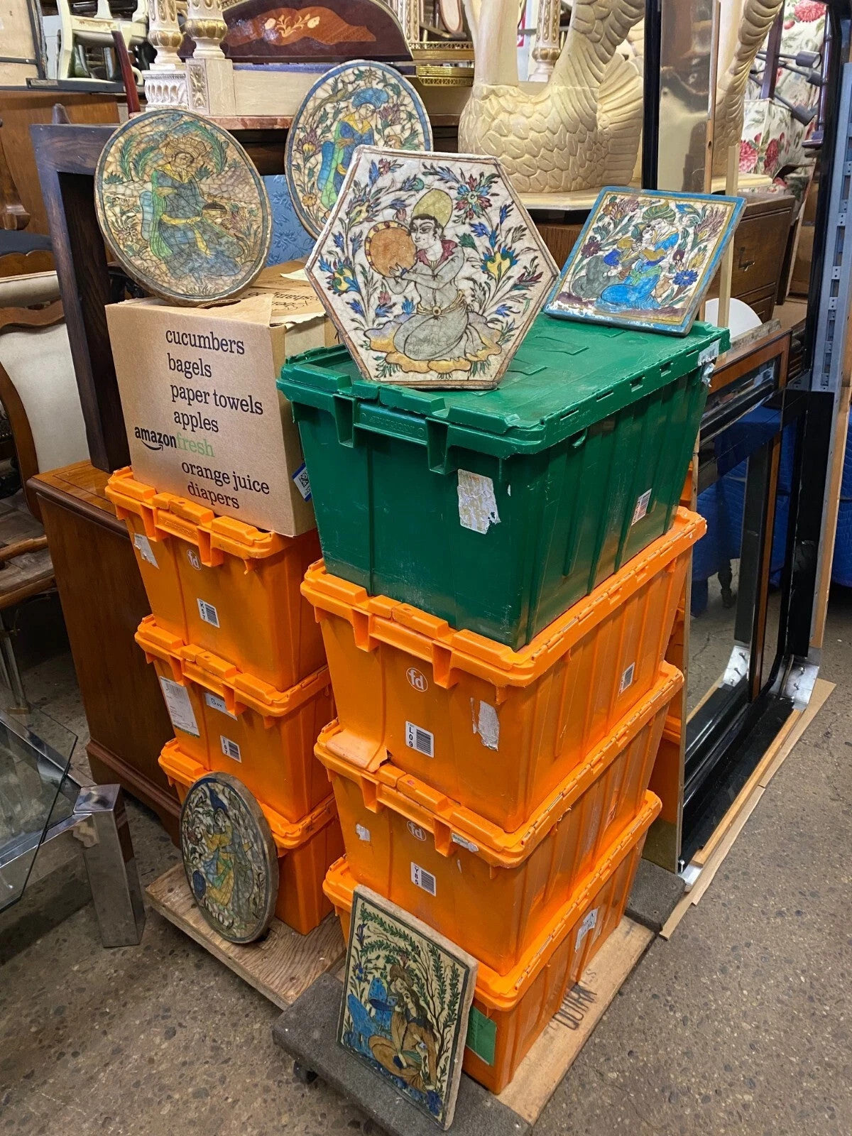 Antique Persian Iznik Qajar Style Ceramic Pottery Square Tile Hunter & Horse C4