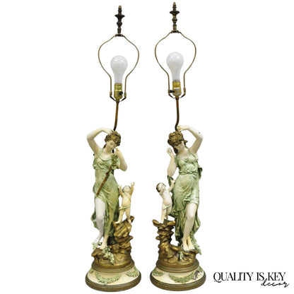 Antique French L&F Moreau Painted Metal Figural Mother & Child Table Lamps Pair